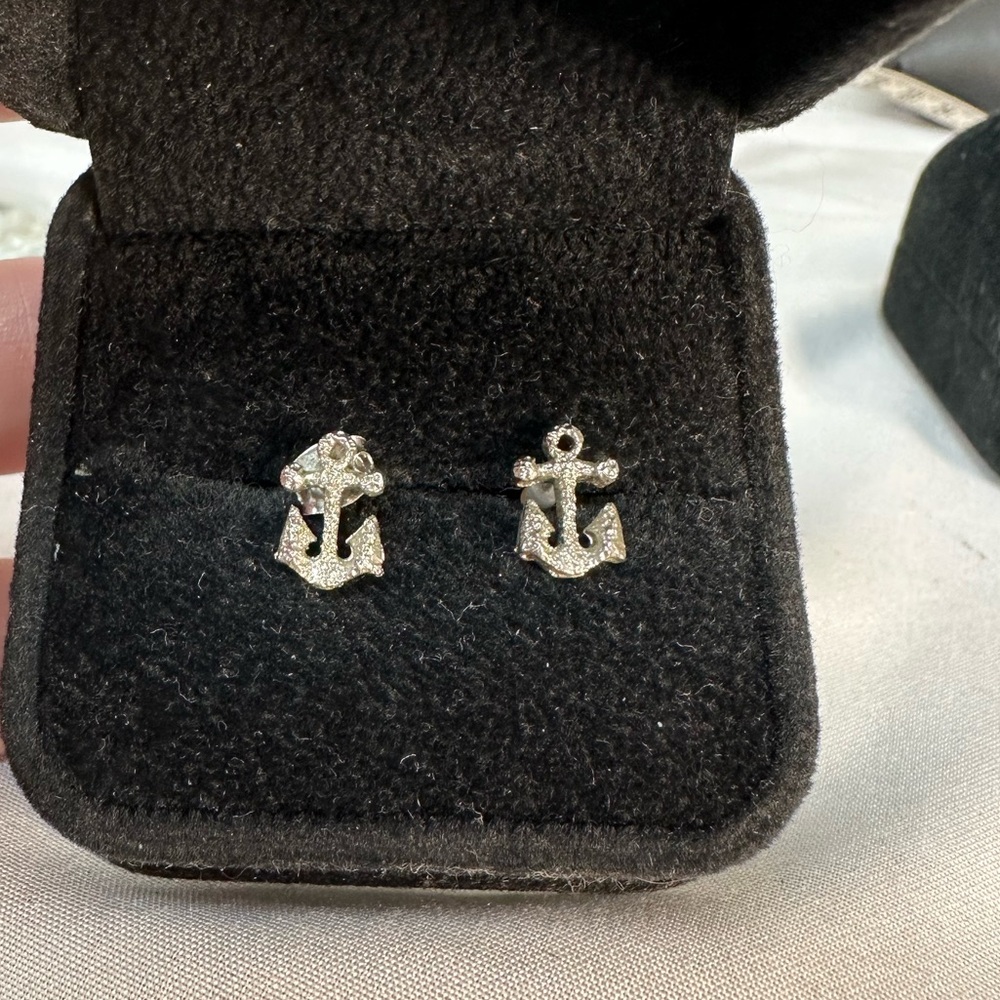 Tiny textured silvertone nautical anchor earrings
